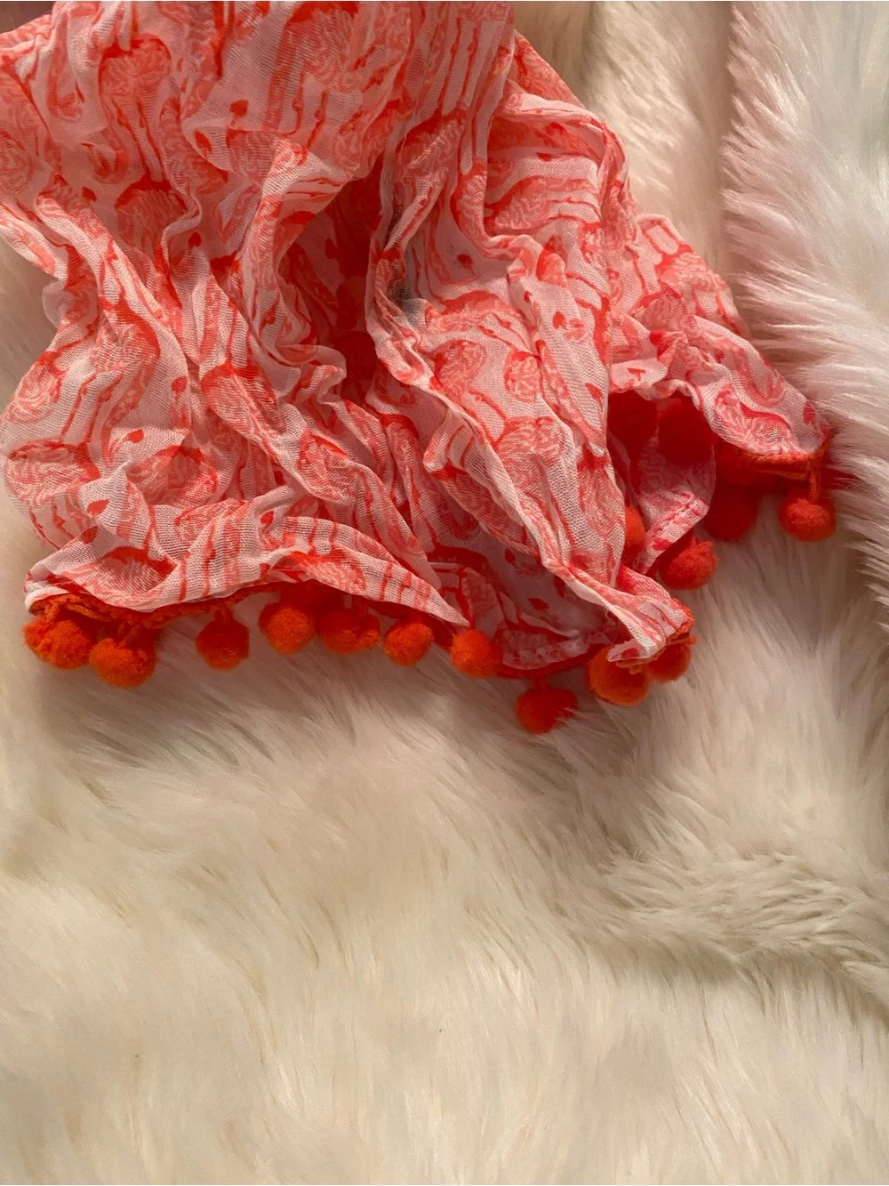 crown & ivy Coral and White flamingo Pom-Pom Scarf